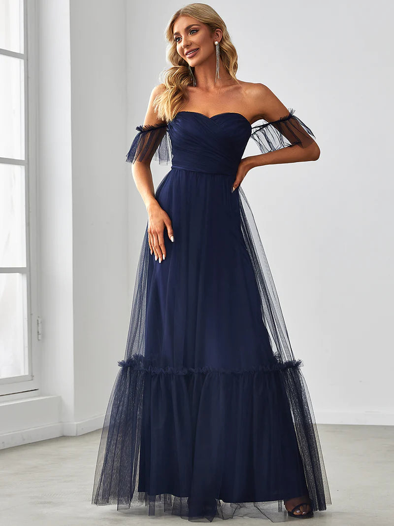 Off-Shoulder Tiered Skirt Tulle Evening Dress - CALABRO®