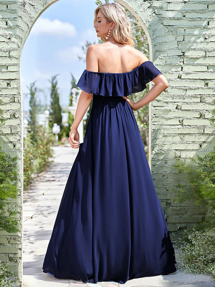 Thigh Slit Off Shoulder Straight Bridesmaid Dress - CALABRO®