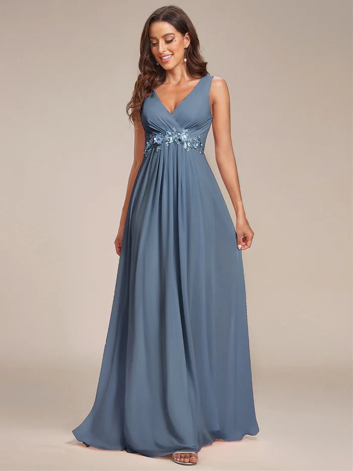 A-Line V Neck Appliques Ruched Evening Dresses - CALABRO®