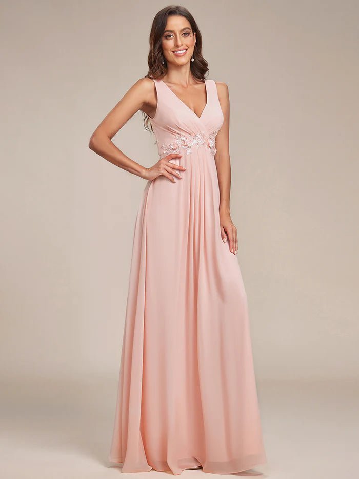 A-Line V Neck Appliques Ruched Evening Dresses - CALABRO®