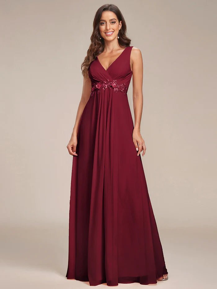 A-Line V Neck Appliques Ruched Evening Dresses - CALABRO®