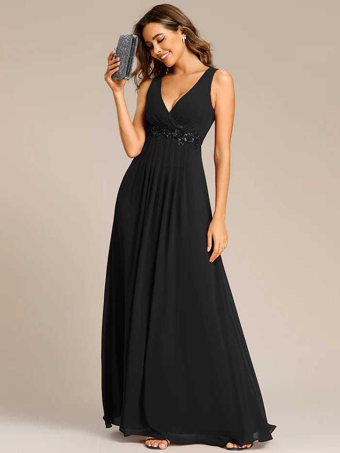 A-Line V Neck Appliques Ruched Evening Dresses - CALABRO®