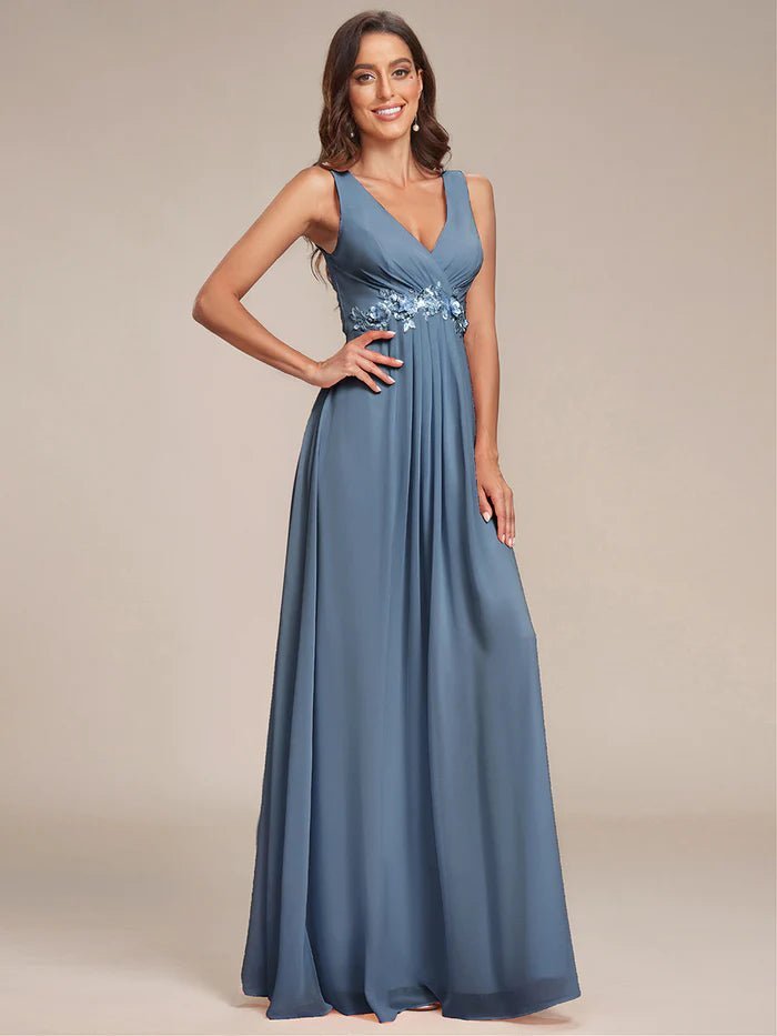 A-Line V Neck Appliques Ruched Evening Dresses - CALABRO®