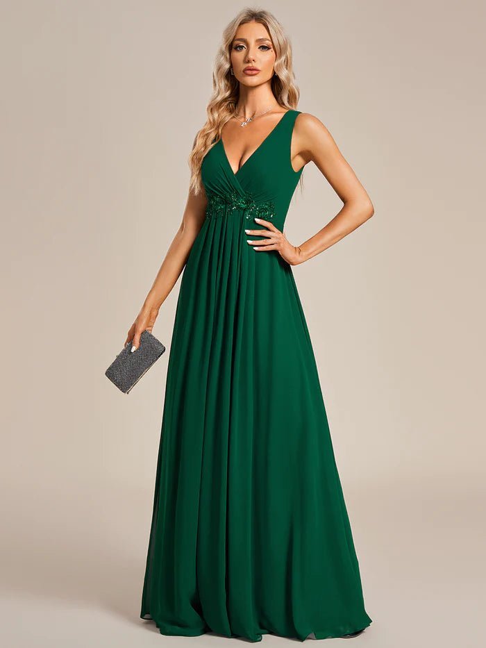 A-Line V Neck Appliques Ruched Evening Dresses - CALABRO®