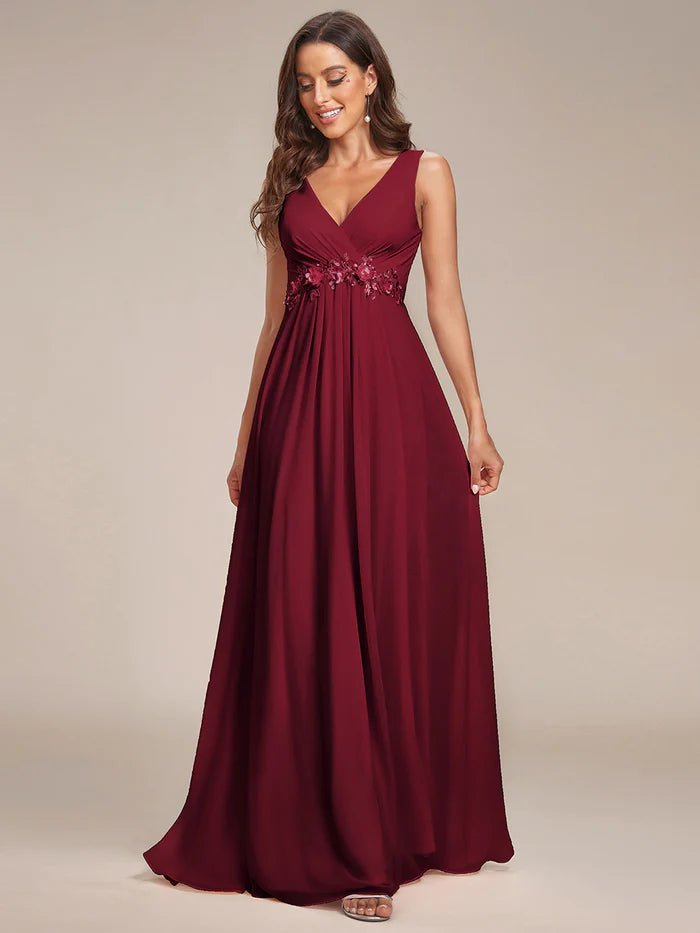 A-Line V Neck Appliques Ruched Evening Dresses - CALABRO®