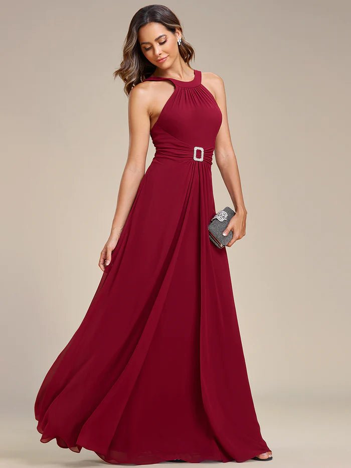 Backless Halter Neck Rhinestone Chiffon Evening Dress - CALABRO®