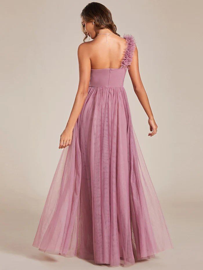 Backless One Shoulder Pleated Split Tulle Evening Dress - CALABRO®