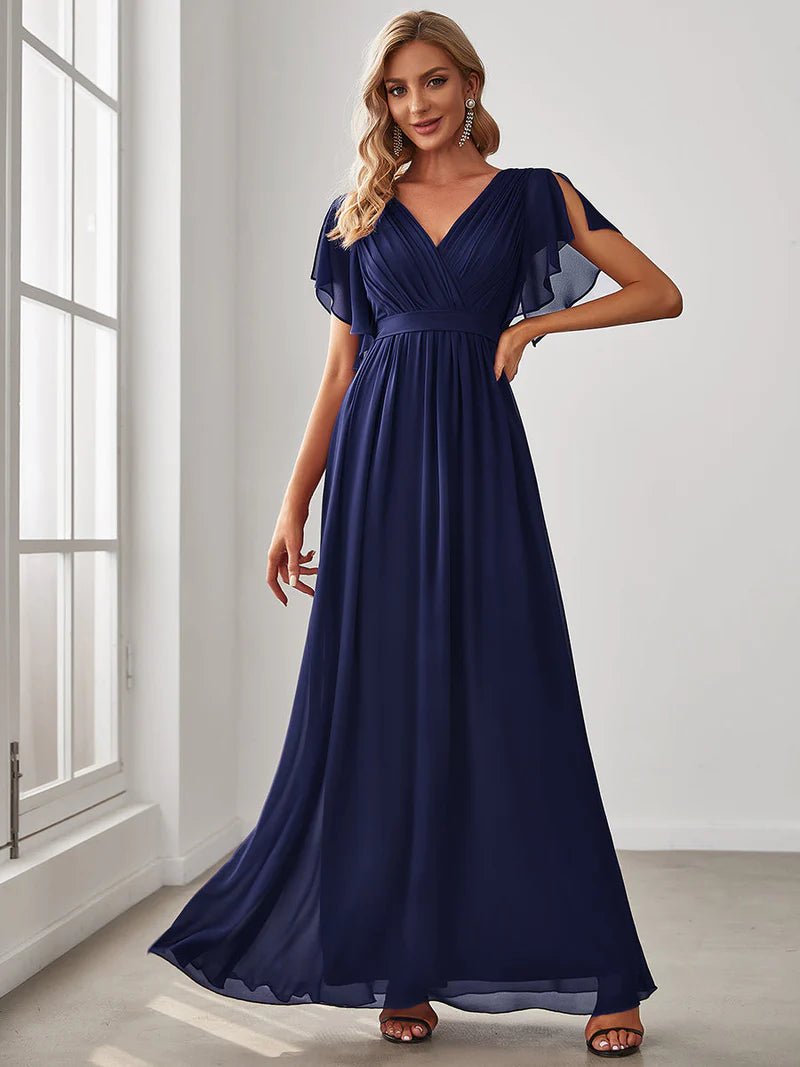 Butterfly Sleeve V-Neck Flowy Bridesmaid Dress - CALABRO®