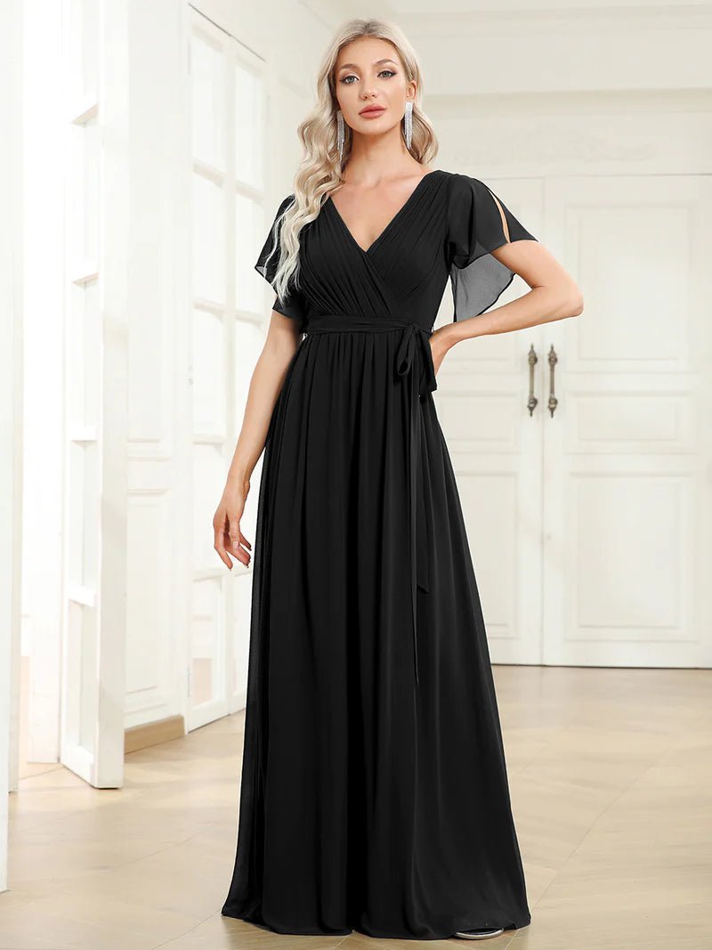 Butterfly Sleeve V-Neck Flowy Bridesmaid Dress - CALABRO®