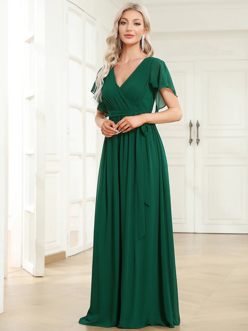 Butterfly Sleeve V-Neck Flowy Bridesmaid Dress - CALABRO®