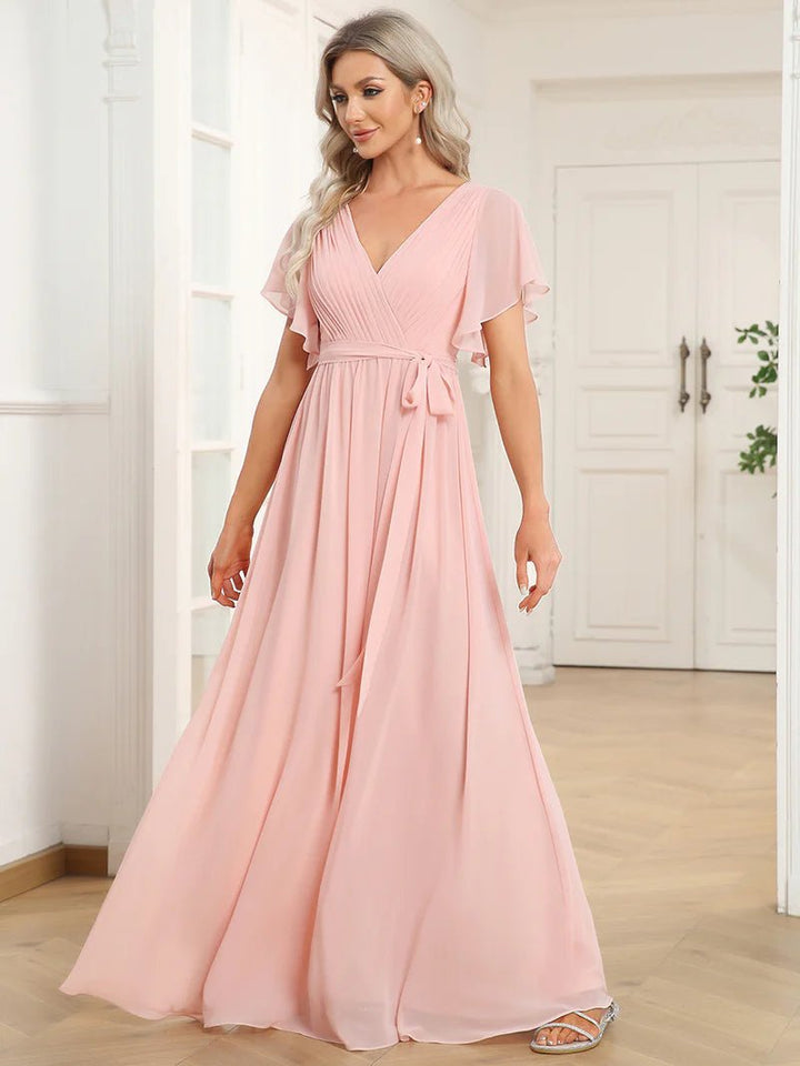 Butterfly Sleeve V-Neck Flowy Bridesmaid Dress - CALABRO®