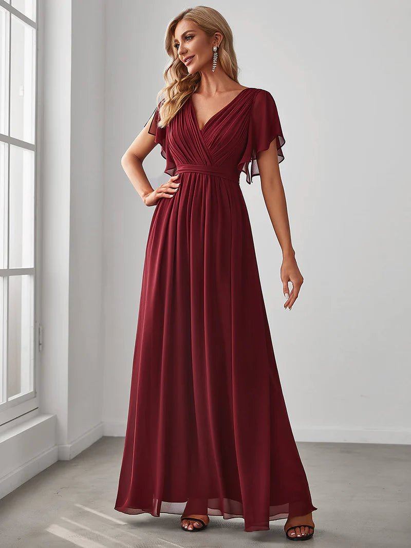 Butterfly Sleeve V-Neck Flowy Bridesmaid Dress - CALABRO®