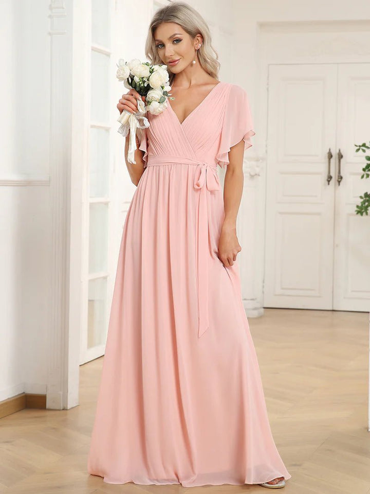 Butterfly Sleeve V-Neck Flowy Bridesmaid Dress - CALABRO®