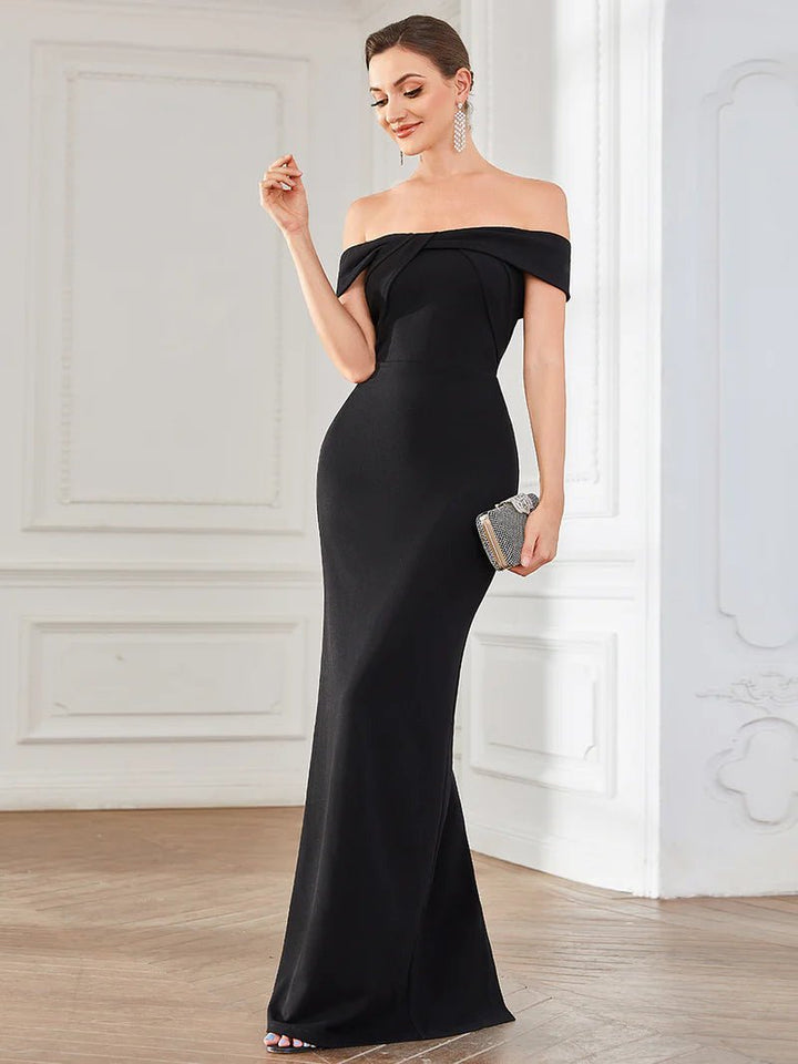 Collared Off-Shoulder Back Slit Fitted Evening Dress - CALABRO®