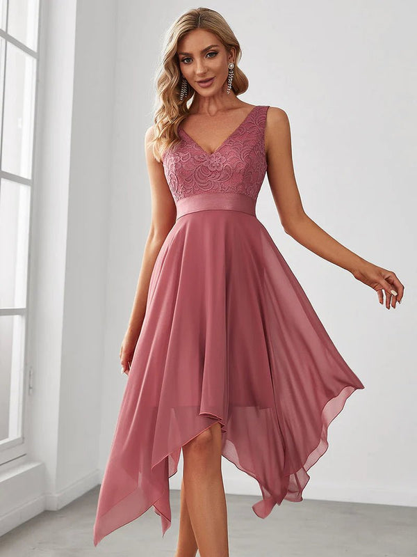 Deep V Neck Asymmetrical Hem Sleeveless Prom Dress