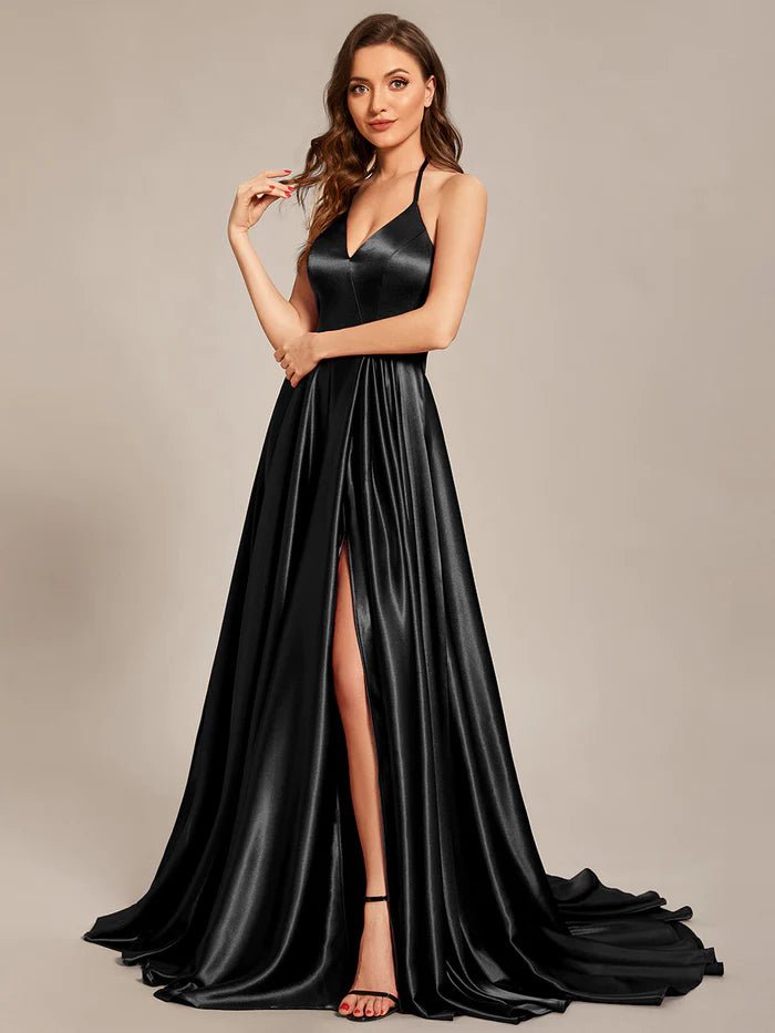 Deep V-Neck Bandage Backless Side Split Spaghetti Straps Evening Dresses - CALABRO®