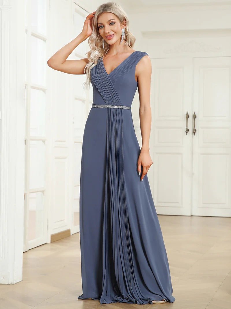 Deep V Neck Beading A Line Ruched Evening Dresses - CALABRO®