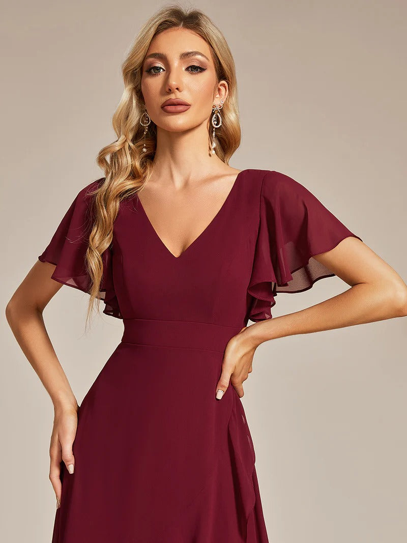 V Neck High Low Ruffles Chiffon Bridesmaid Dress - CALABRO®