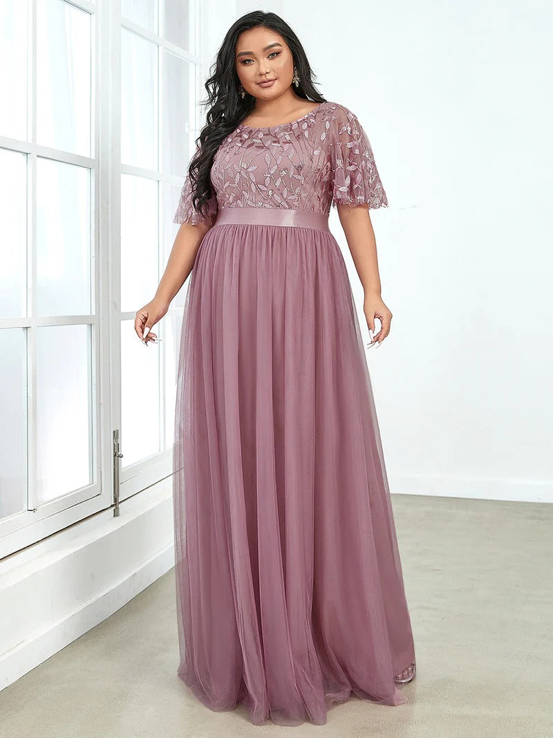 Sequin Print Plus Size Evening Dresses with Cap Sleeve - CALABRO®