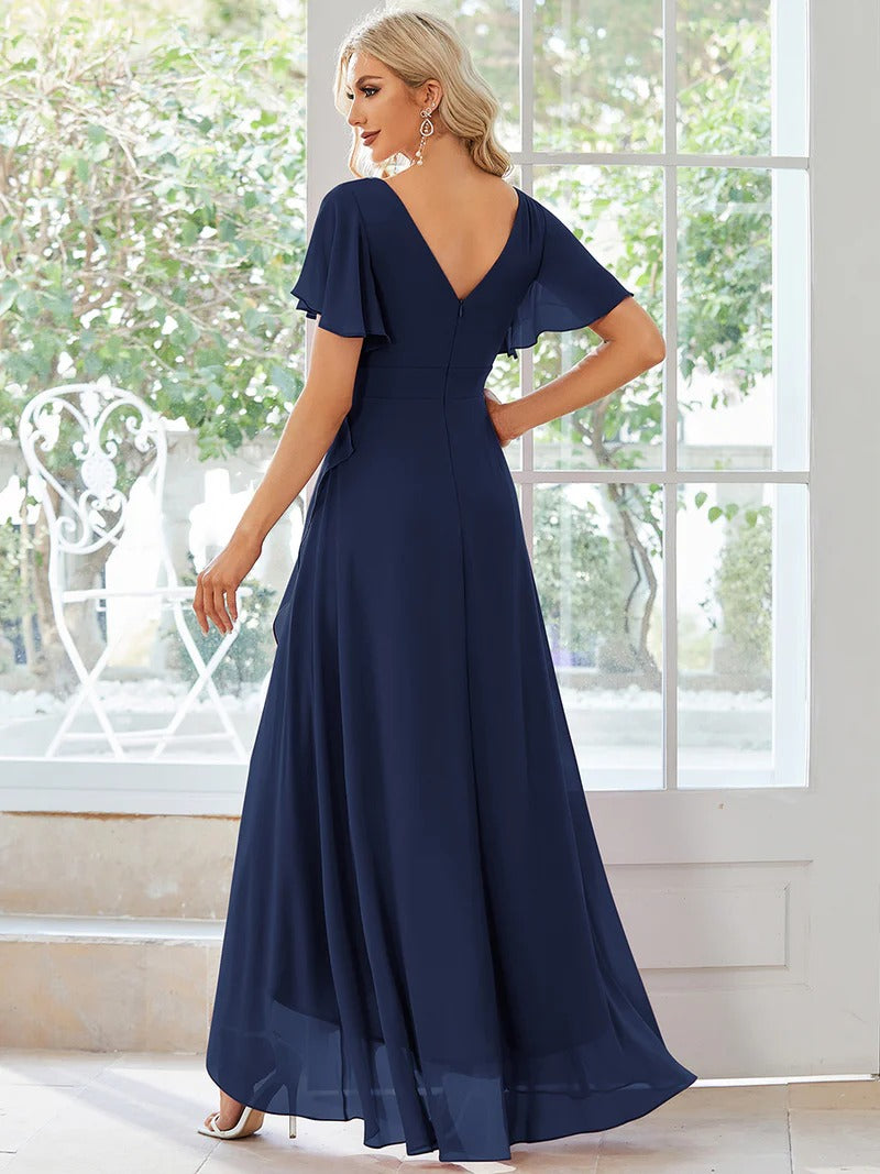 V Neck High Low Ruffles Chiffon Bridesmaid Dress - CALABRO®