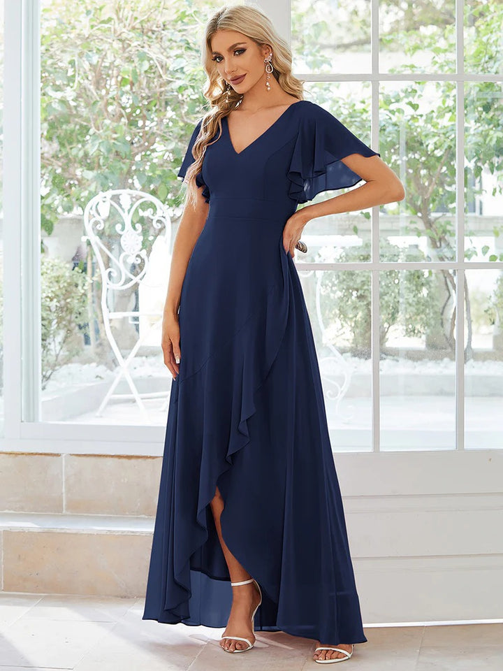 V Neck High Low Ruffles Chiffon Bridesmaid Dress - CALABRO®