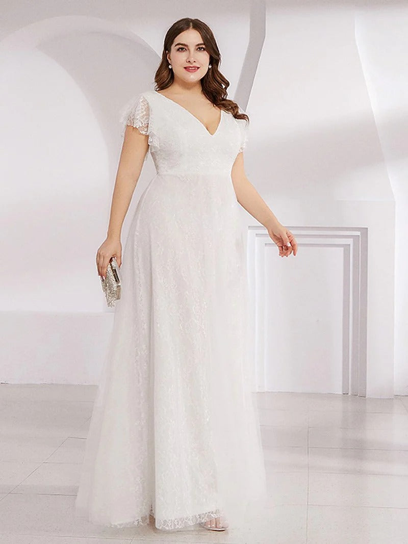 Plus Size Double V Neck Lace Wedding Dresses with Ruffle Sleeves - CALABRO®