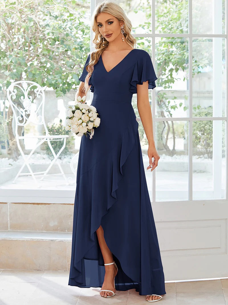 V Neck High Low Ruffles Chiffon Bridesmaid Dress - CALABRO®