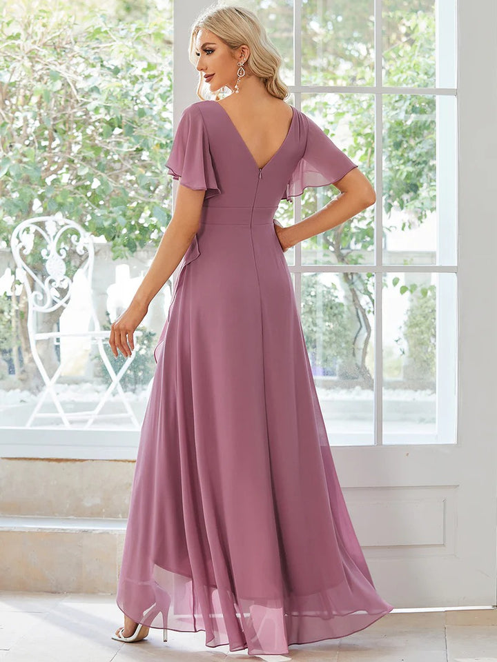 V Neck High Low Ruffles Chiffon Bridesmaid Dress - CALABRO®