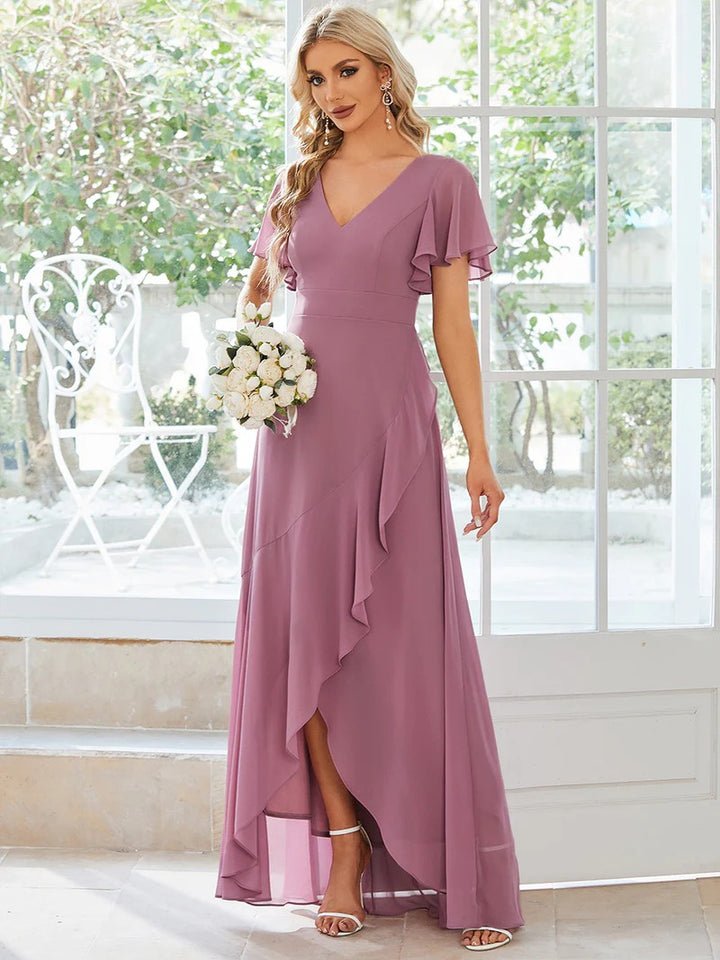 V Neck High Low Ruffles Chiffon Bridesmaid Dress - CALABRO®