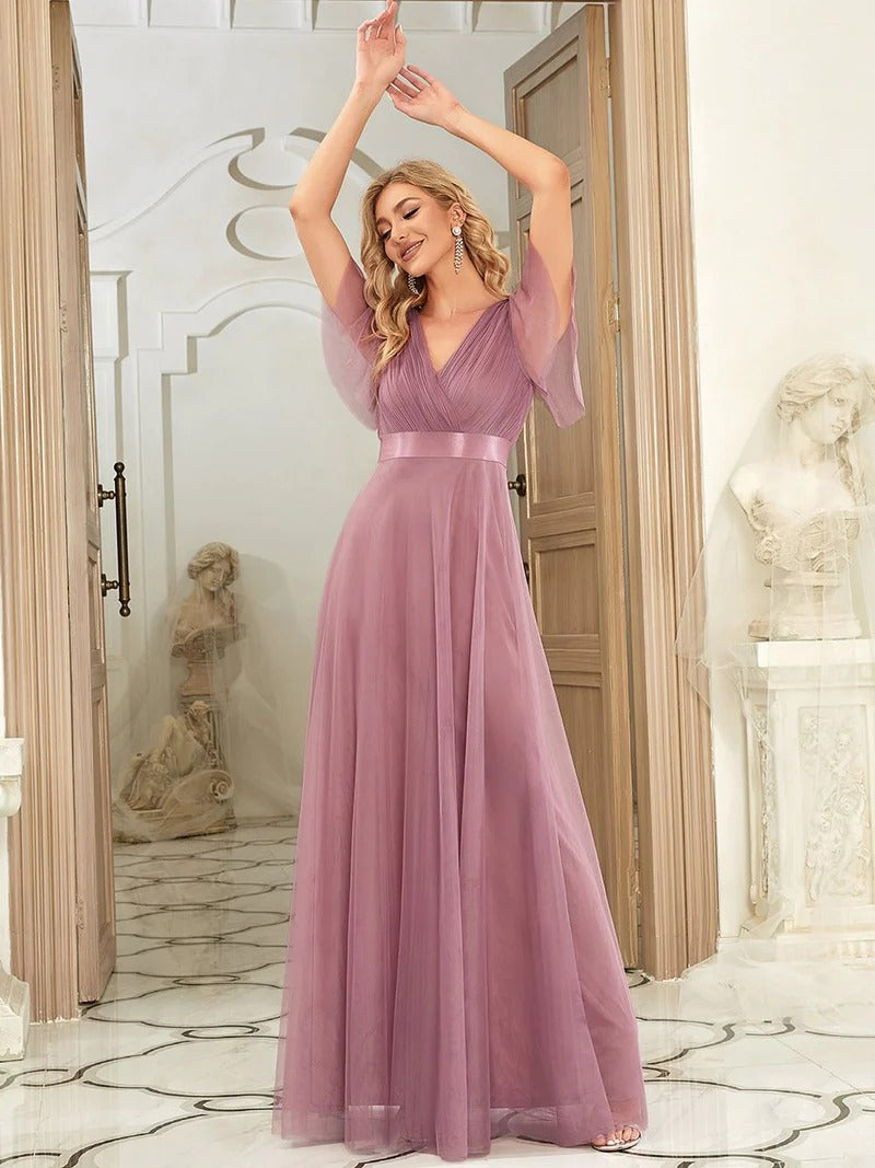 Women's Pretty V-Neck A-Line Floor-Length Bridesmaid Dress - CALABRO®