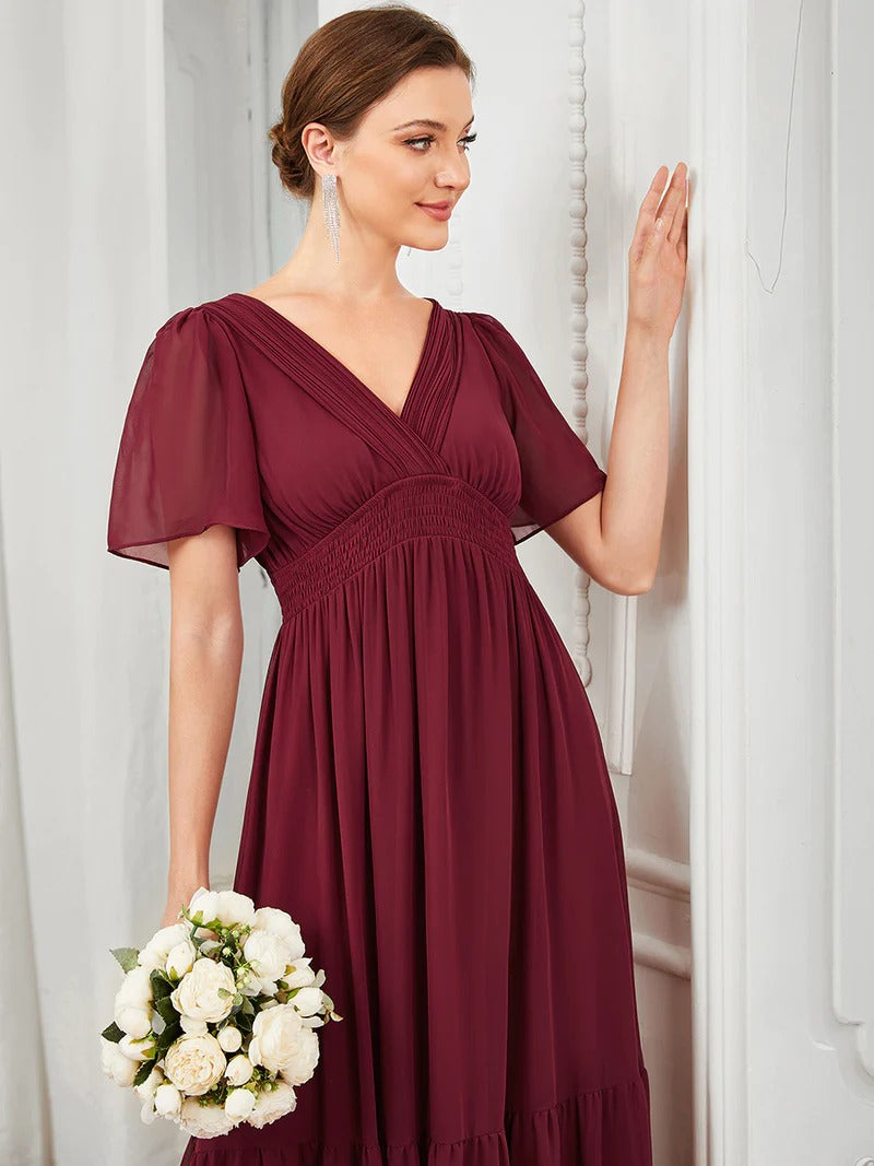 Simple V Neck A Line Short Sleeves Evening Dress - CALABRO®