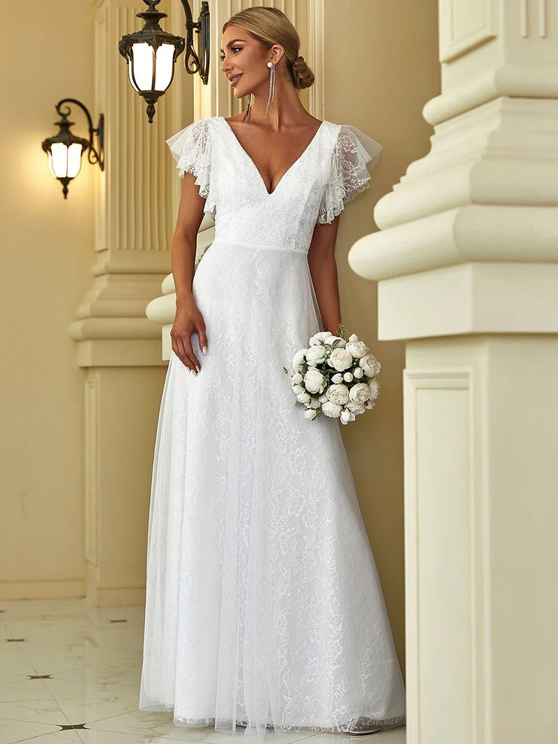 Elegant Maxi Lace Wedding Dress with Ruffle Sleeves - CALABRO®