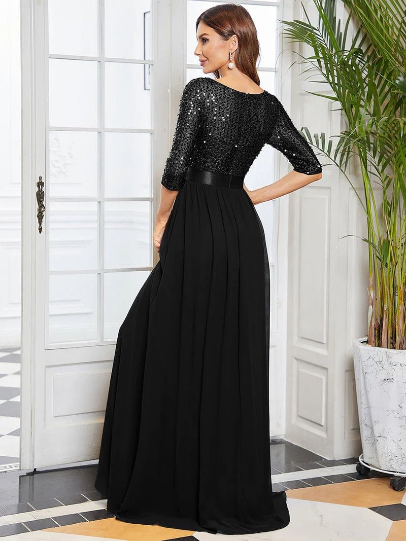 Elegant Round Neckline Sequins Patchwork Evening Dress - CALABRO®