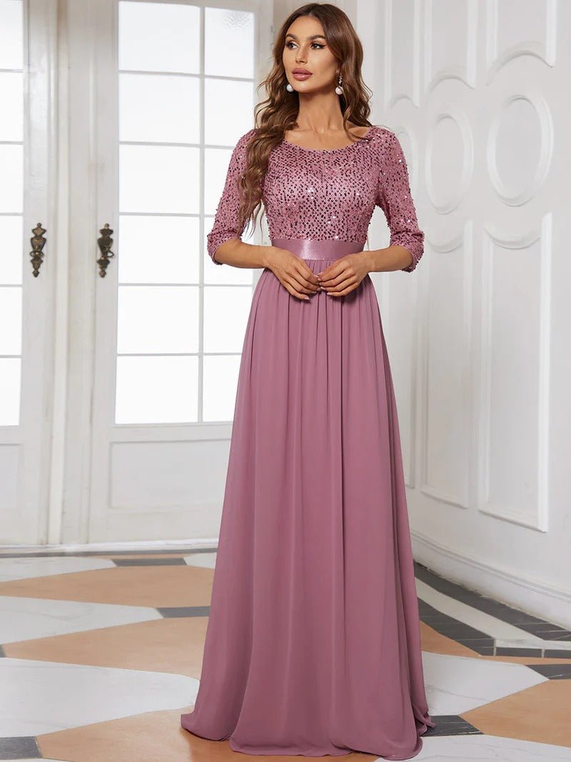 Elegant Round Neckline Sequins Patchwork Evening Dress - CALABRO®