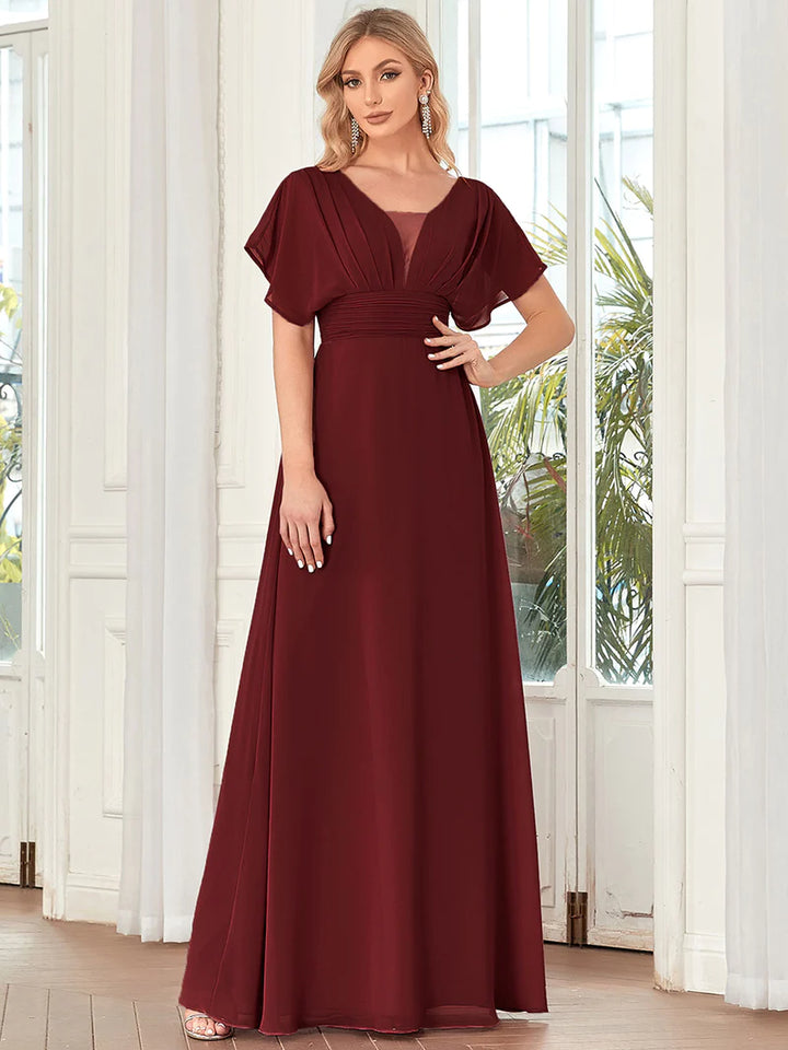 V-Neck Flowy Sleeve Straight Evening Dress - CALABRO®