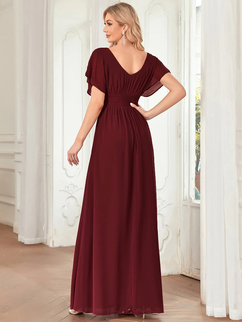 V-Neck Flowy Sleeve Straight Evening Dress - CALABRO®