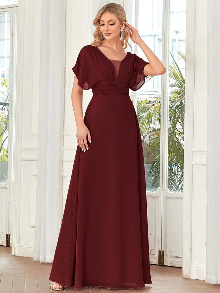 V-Neck Flowy Sleeve Straight Evening Dress - CALABRO®