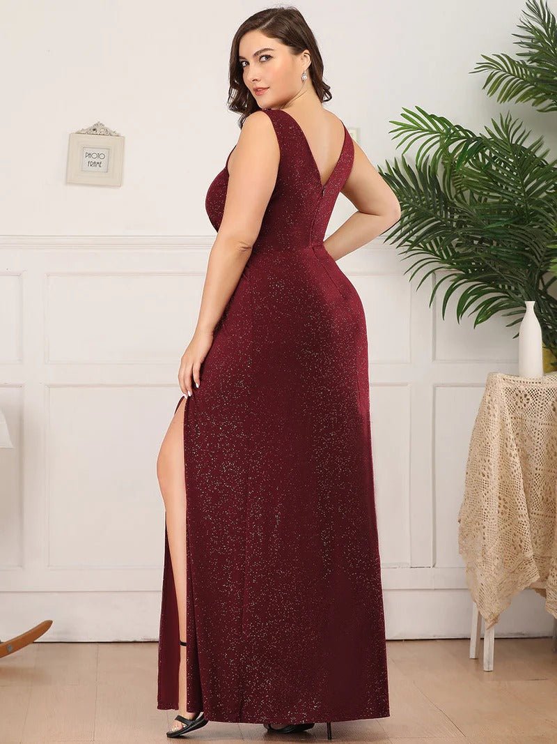 Floor Length V Neck Shimmery Plus Size Evening Dresses - CALABRO®