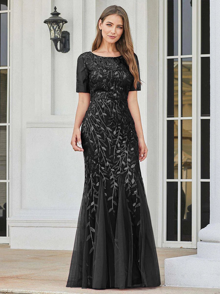 Floral Sequin Print Maxi Long Fishtail Tulle Formal Dresses with Half Sleeve - CALABRO®