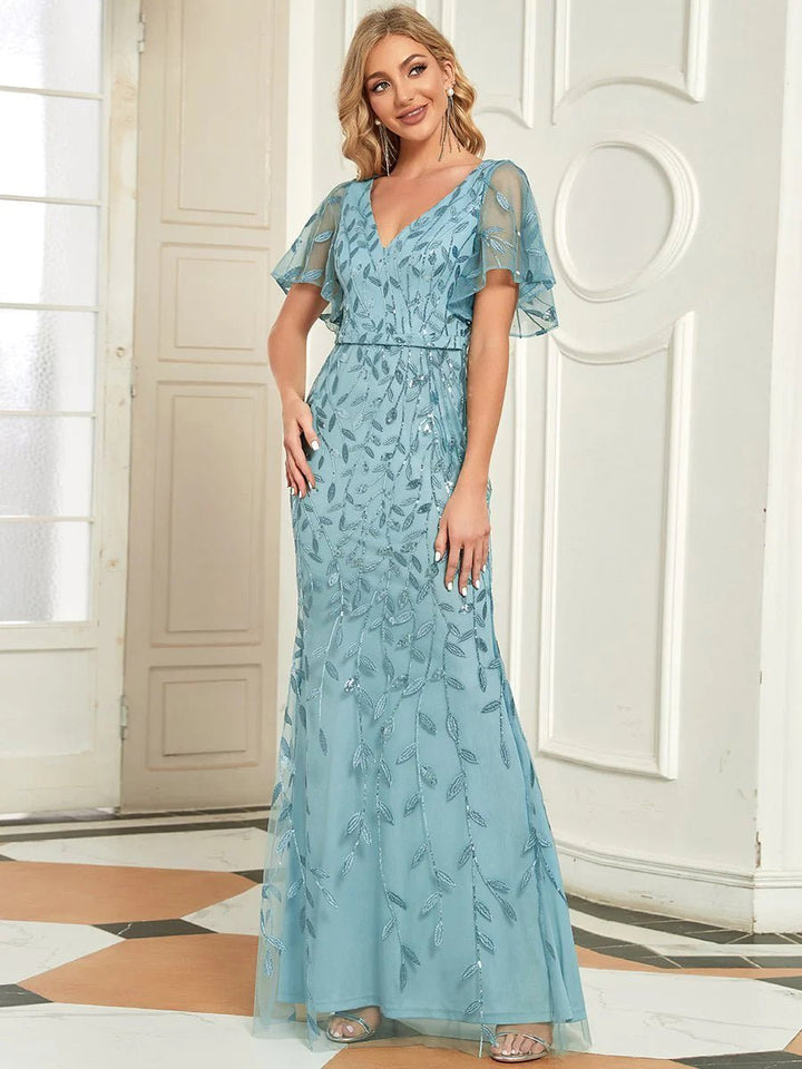 Gorgeous V Neck Leaf-Sequined Fishtail Party Formal Dress - CALABRO®