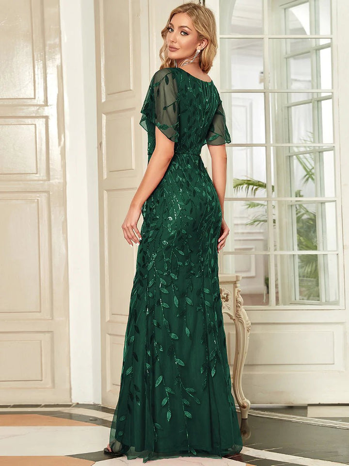 Gorgeous V Neck Leaf-Sequined Fishtail Party Formal Dress - CALABRO®