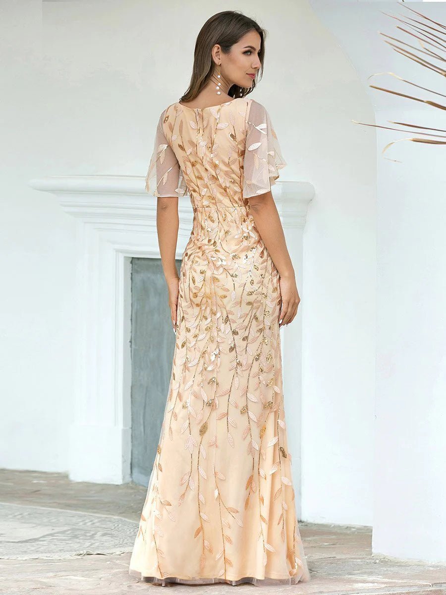Gorgeous V Neck Leaf-Sequined Fishtail Party Formal Dress - CALABRO®
