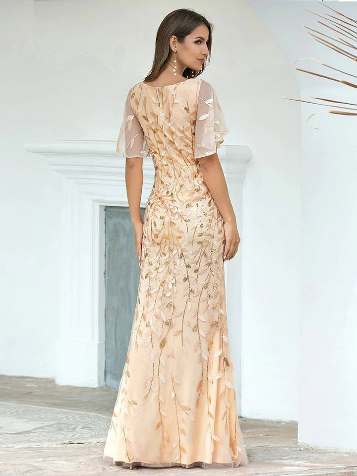Gorgeous V Neck Leaf-Sequined Fishtail Party Formal Dress - CALABRO®