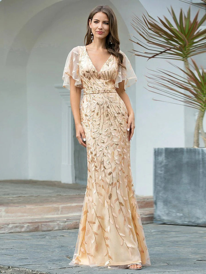 Gorgeous V Neck Leaf-Sequined Fishtail Party Formal Dress - CALABRO®