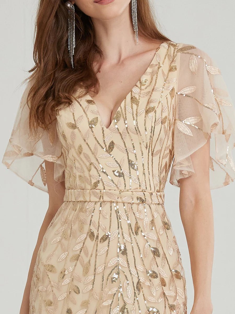 Gorgeous V Neck Leaf-Sequined Fishtail Party Formal Dress - CALABRO®