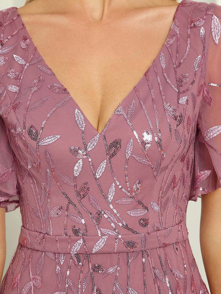 Gorgeous V Neck Leaf-Sequined Fishtail Party Formal Dress - CALABRO®