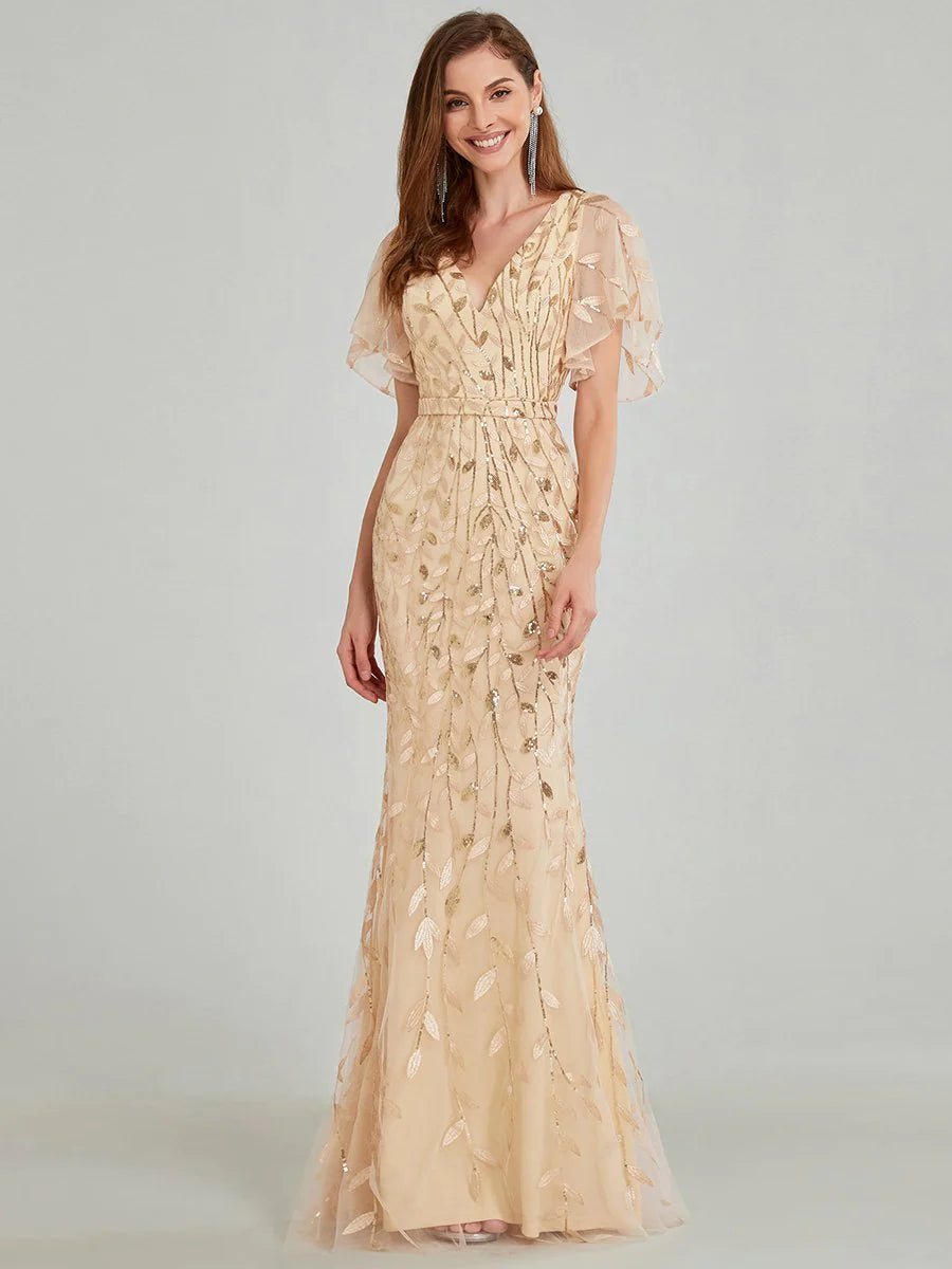 Gorgeous V Neck Leaf-Sequined Fishtail Party Formal Dress - CALABRO®