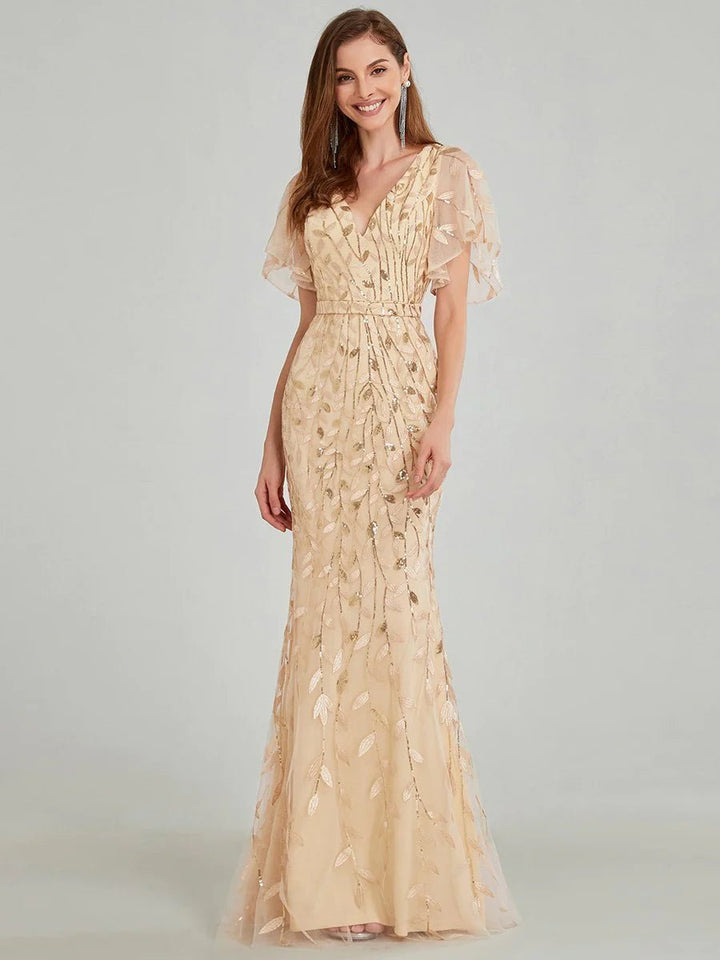 Gorgeous V Neck Leaf-Sequined Fishtail Party Formal Dress - CALABRO®