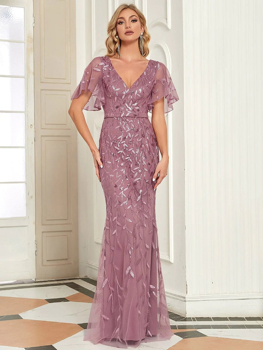Gorgeous V Neck Leaf-Sequined Fishtail Party Formal Dress - CALABRO®