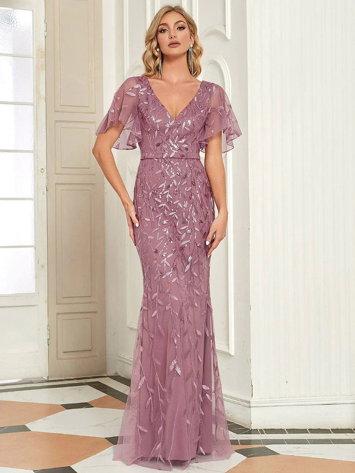 Gorgeous V Neck Leaf-Sequined Fishtail Party Formal Dress - CALABRO®